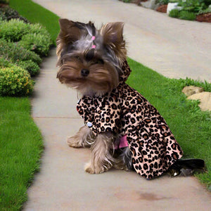 Yorkies look divine in this Reversible Hooded Dog Coat that is leopard on one side and red on the other.