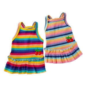 Available in 2 striped patterns, this bright Rainbow Dog Dress from our Spring/Summer collection fits small dogs.
