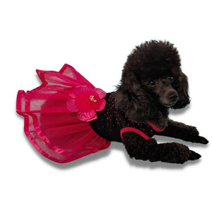This Hot & Black Flamenco Dog Party Dress is embellished with bling beading and an eye-catching handmade flower at the waist. 