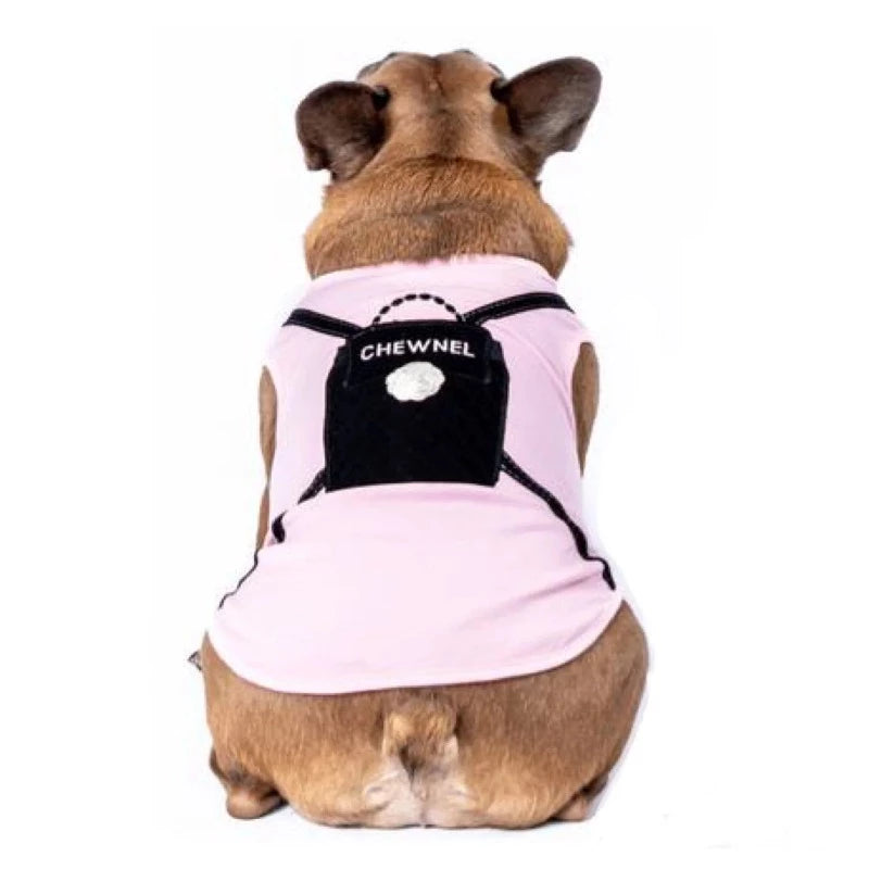 Made of 100% Pima cotton, this designer-inspired embroidered dog T-shirt by Aventura Pups features a Coco Chewnel Black Backpack on a light pink T-shirt.