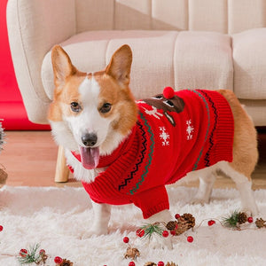 Red Rudolph Reindeer Christmas Dog Sweater fits small and medium dogs.