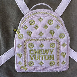 Pink backpack design on mocha T-shirt
