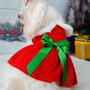Available in 2 styles, Mrs. Claus or Green Bow (pictured), these Santa Christmas Dog Party Dresses fit small to medium dogs like Maltese.
