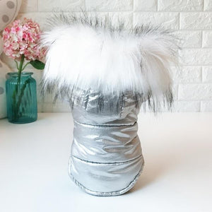 Silver Metallic Faux Fur Hooded Dog Coat