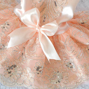 Pink Lace Embroidered Party Dog Dress is made with exquisite workmanship, with floral lace, sequins and satin bow.