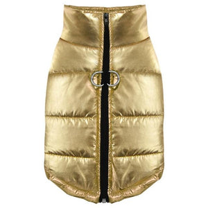 Chic Waterproof Puffer Dog Coat in gold.