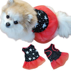 Patriotic Stars Dog Dress features a red tulle skirt and pullover design for easy on/off.