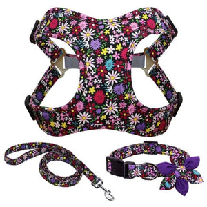 Go hippy chic with this floral Bohemian 3-Piece Harness matching set, which includes a Harness, Flower Dog Collar and Leash. 