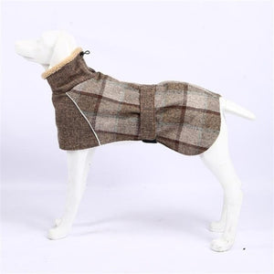 Coffee Plaid Hunting Lodge Dog Coat for medium and large breed dogs.