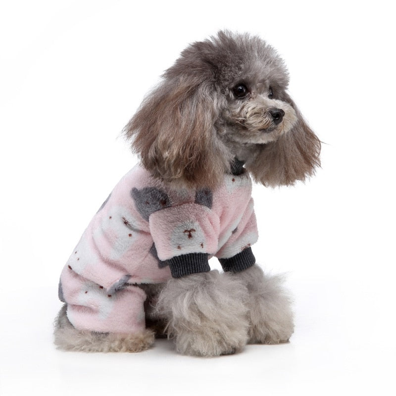 These pink Cat's Meow Onesie dog pajamas are cozy and warm.