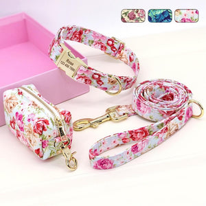 Pink Floral Dog Collar & Leash matching set that includes a Personalized Dog Collar, Leash & Poop Bag Case.