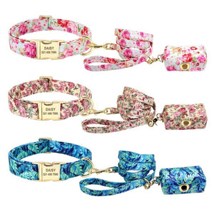 Floral Dog Collar & Leash Set With Matching Poop Bag Case | Personalized Free