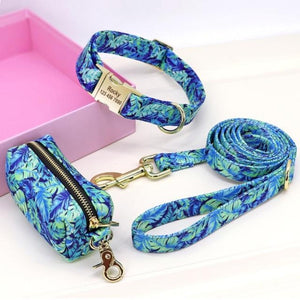 Floral Dog Collar & Leash Set With Matching Poop Bag Case | Personalized Free
