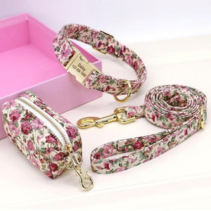 Floral Dog Collar & Leash Set With Matching Poop Bag Case | Personalized Free