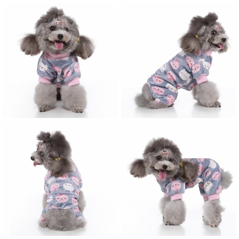 Cozy and warm, these grey Cuddly Kitty-print dog PJs are what doggy dreams are made of for those cool winter nights.