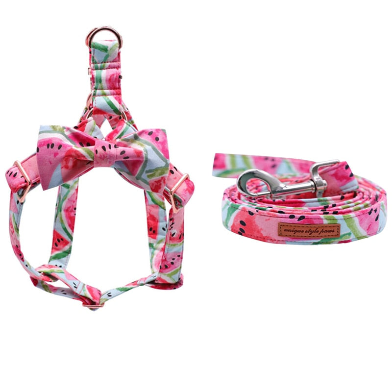 This Watermelon 3-Piece Harness matching set includes a Dog Harness, Bow Tie & Leash. 
