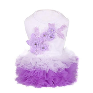 White Floral Bubble Tutu Dog Party Dress has a purple skirt.