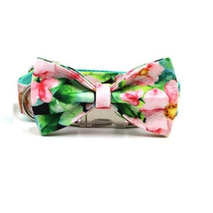 Green Summer Floral Blooms Bow Tie Dog Collar & Leash Set