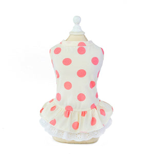 This white Pretty Polka Dot Dog Dress is made of cotton and trimmed with lace.