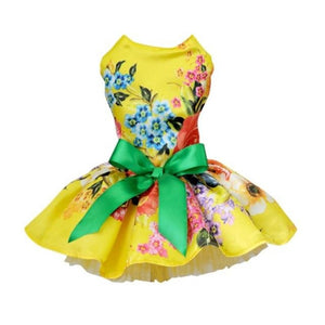 Your small dog will look stunning in this elegant Yellow Floral Dog Party Dress, made of silk-like satin fabric that’s breathable and comfortable to wear.
