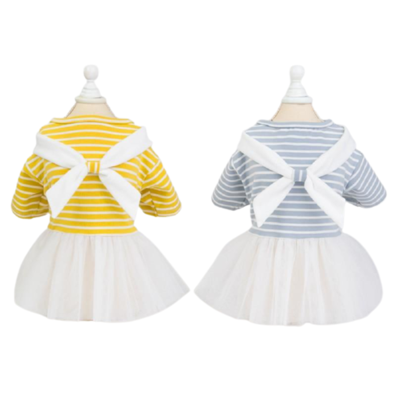 Your pup will be ready to set sail on a doggy adventure in this Striped Sailor Dog Dress, available in yellow or blue.