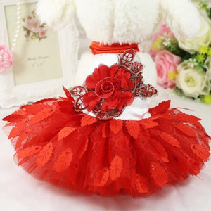 Red Floral Tulle Tutu Dog Party Dress suits small and medium breed dogs.