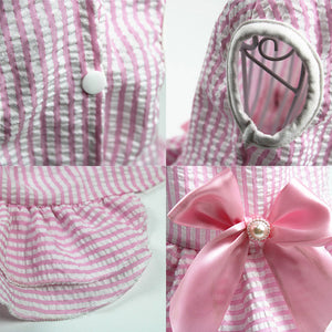 Sweet Stripes dog dress features snap buttons for easy on/off and a satin bow adorned with faux pearl and rhinestone beading.