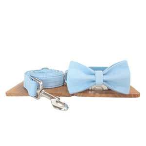 Light Blue Denim Bow Tie Dog Collar & Leash Set