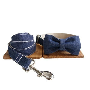 Dark Denim/White Trim Bow Tie Dog Collar & Leash Set