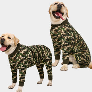 These comfy Camouflage Onesie Large Dog PJs fit medium- and large-breed dogs such as Golden Retriever, Labrador Retriever, German Shepherd, Doberman, German Shorthaired Pointer and Boxer.