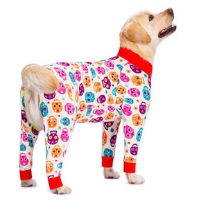 These Day of the Dead Onesie Large Dog PJs, featuring brightly colored skulls, are designed for large dogs.