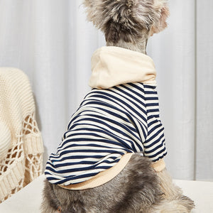 This classic Striped Sailor Dog Hoodie from our Spring/Summer collection features navy stripes and a cream drawstring hood.