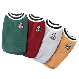 Available in 4 colors, this Preppy V-neck College Dog Sweater fits small, medium and large dog breeds.