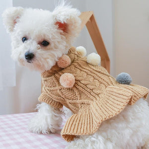 Pom Pom Sweater Dress in caramel.