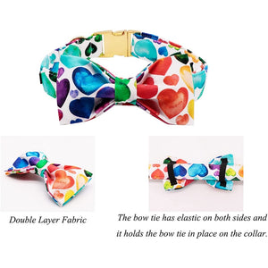 This stylish Rainbow Hearts Bow Tie Dog Collar has a detachable bow tie with two elastic loops for durability.