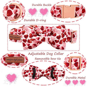 This adjustable Valentine Red Heart Bow Tie Dog Collar features a removable bow tie, durable D-ring and buckle.