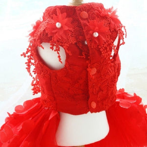 This Handmade Red Floral Lace Embroidered Dog Party Dress is exquisitely crafted with the finest details, including three-dimensional flowers, beading and a tulle skirt. 