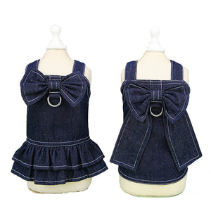 Simple and sweet, this Dark Denim Dog Dress from our Spring/Summer collection comes in a dress with a ruffled skirt or straight shirt style.