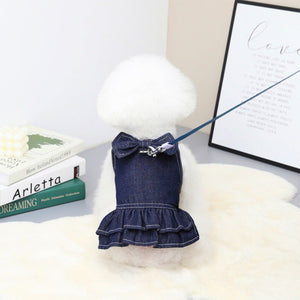 Dark Denim Dog Dress features a bow and D ring.