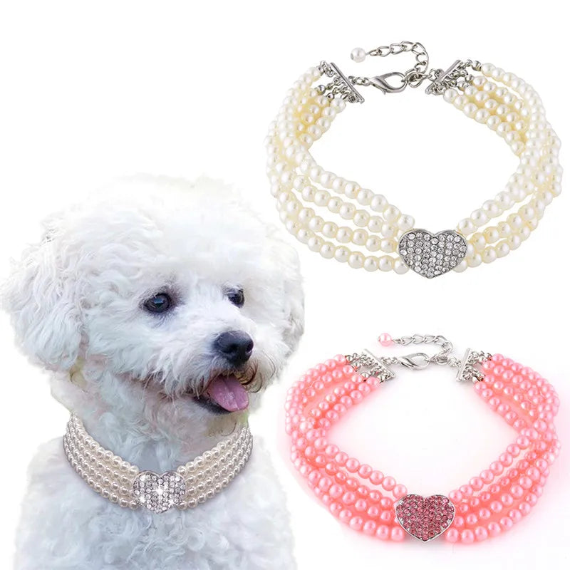 4-Row Pearls Dog Necklace with Rhinestone Heart Pendant