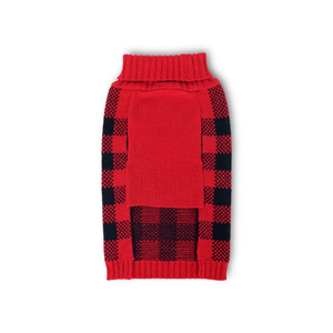 Red dog sweater with black plaid pattern on a white background