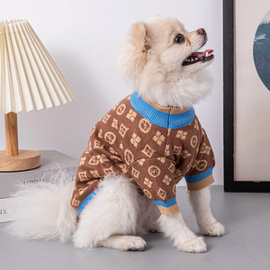 Pomeranian wearing Brown LV-Inspired Dog Sweater