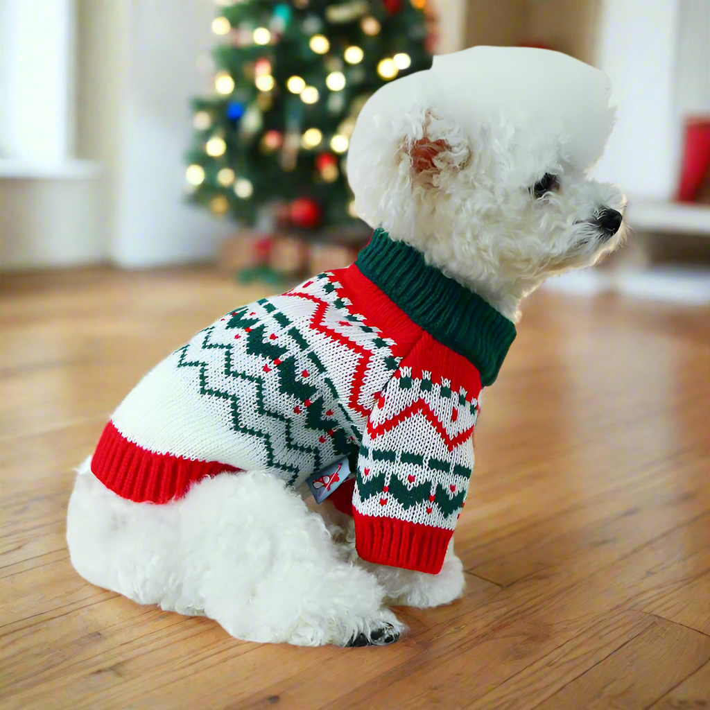 White Christmas dog sweater features red and green zig zags.