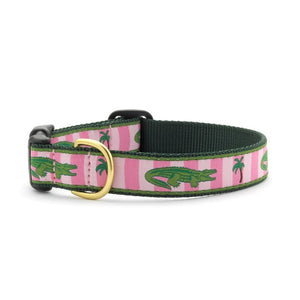Alligator Dog Collar features green alligators and palm trees on pink stripes