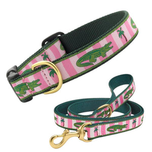Alligator Dog Collar & Leash Set in pink stripe with alligator and palm tree pattern