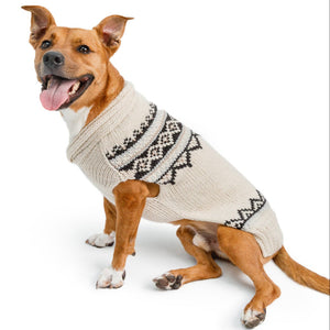 A brown and white dog wearing a cream knit sweater with black Fair Isle patterns, photographed against a solid white background.