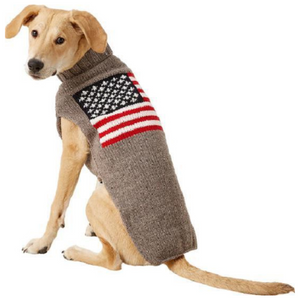 Dog wearing a sweater with an American flag design on a white background