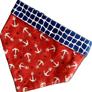 Anchor Dog Collar features anchors on red, with blue netting trim and backing.