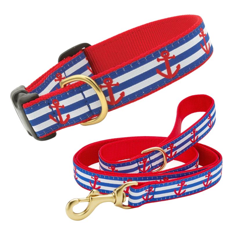Anchors Aweigh Dog Collar & Leash Set features blue and white horizontal stripes and red anchors.