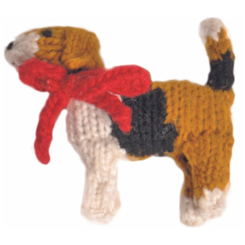 Knitted Beagle Ornament with a red scarf on a white background